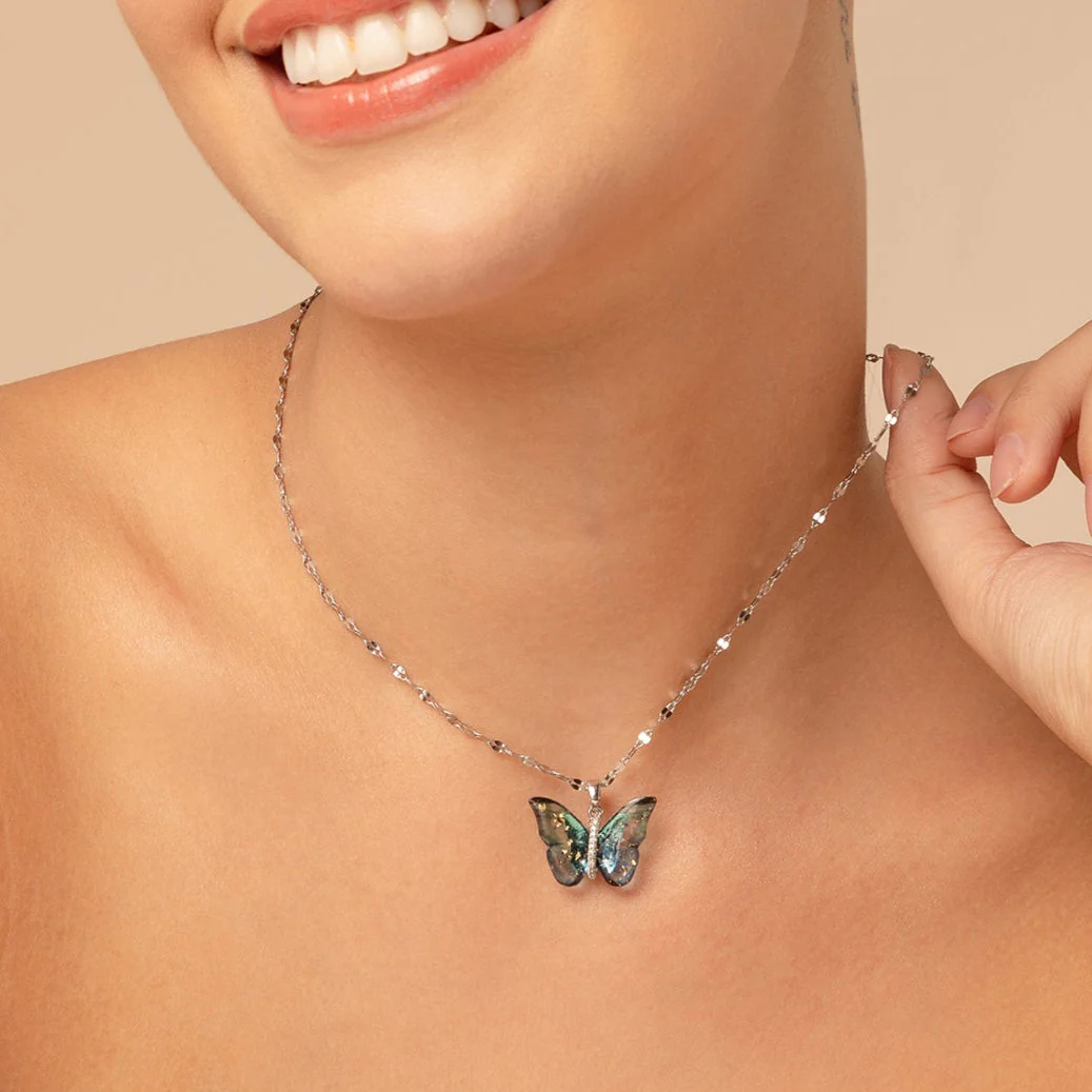 Blue Silver Butterfly Winged Crystal Necklace