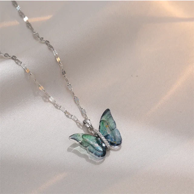Blue Silver Butterfly Winged Crystal Necklace