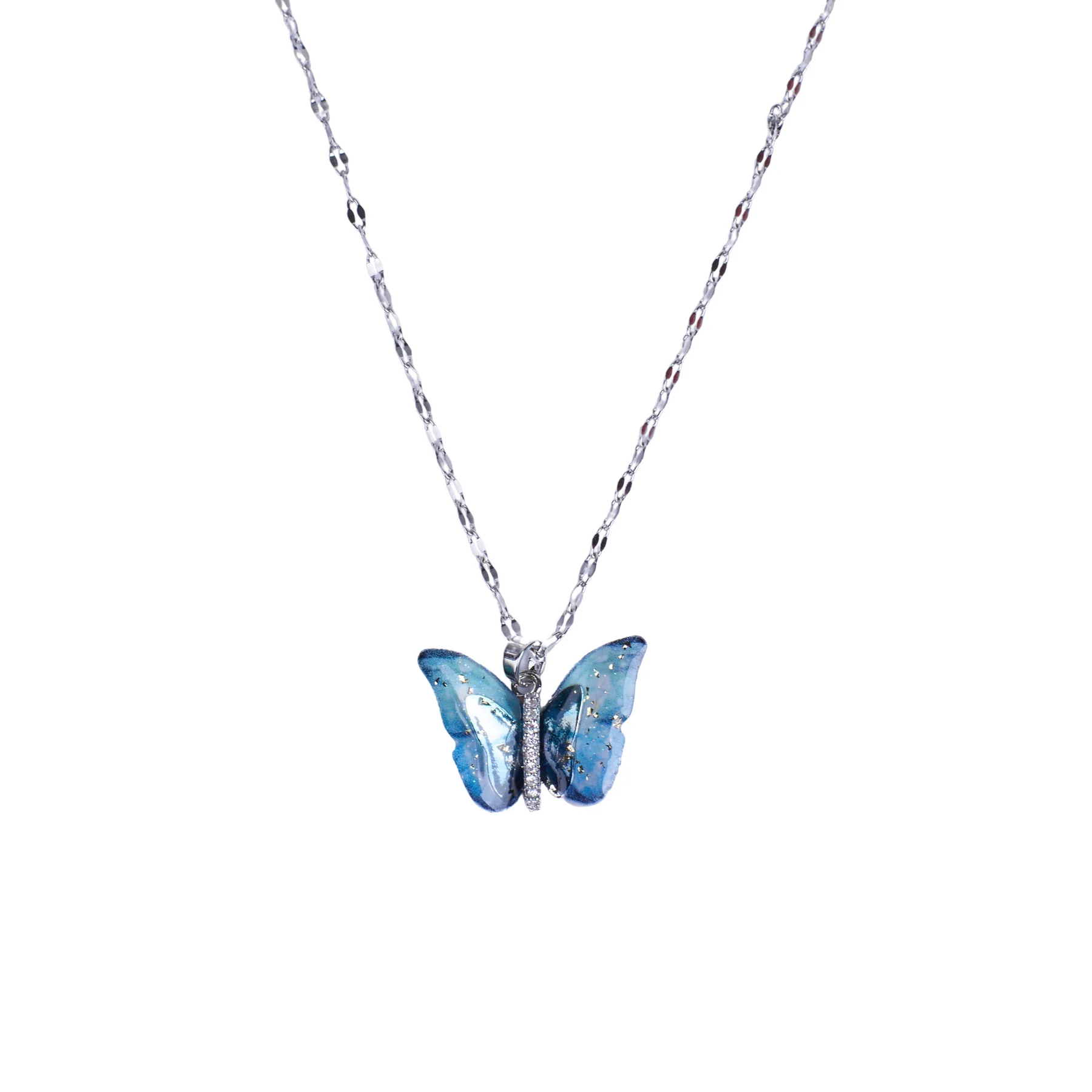 Blue Silver Butterfly Winged Crystal Necklace
