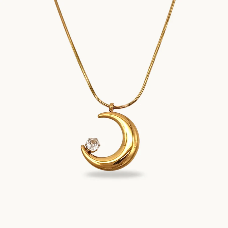 Golden Crescent Moon Crystal Necklace – Elegant Celestial Pendant