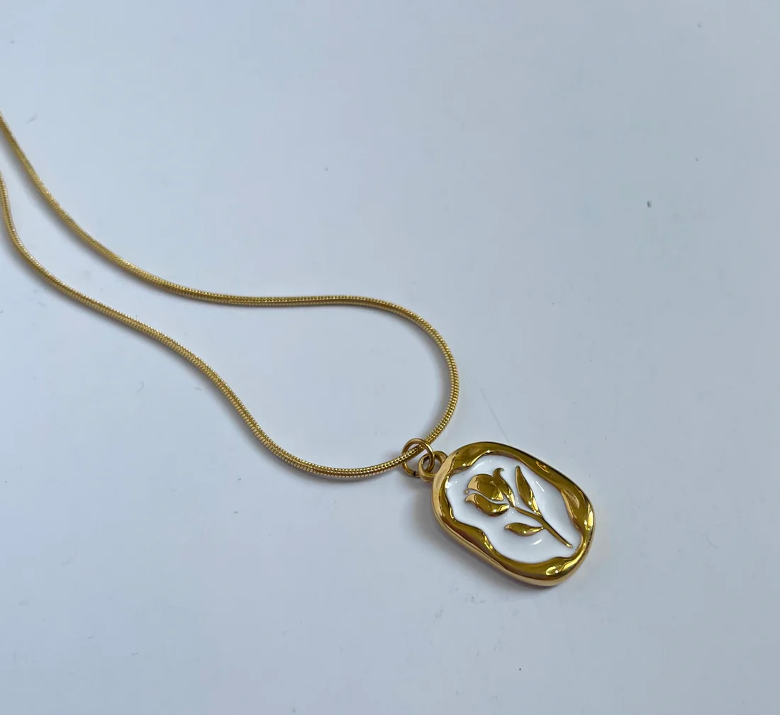 Golden Rose Flower Pendant Necklace – Elegant White Enamel Charm